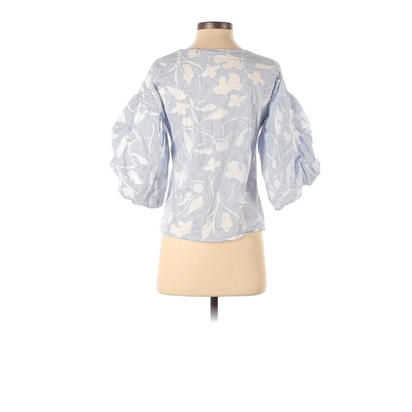 Nordstrom halogen blue white pin strip floral puff sleeve blouse coastal Grandma - Picture 4 of 12